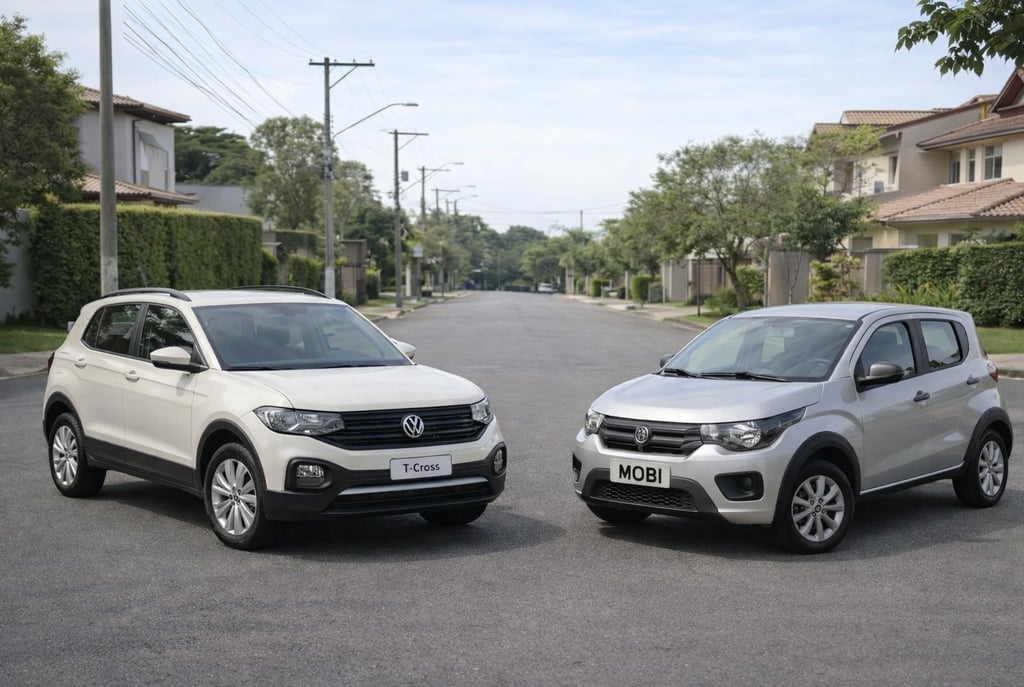 Comparativo entre T-Cross Sense 2021 automático e Mobi 0km mostrando diferença