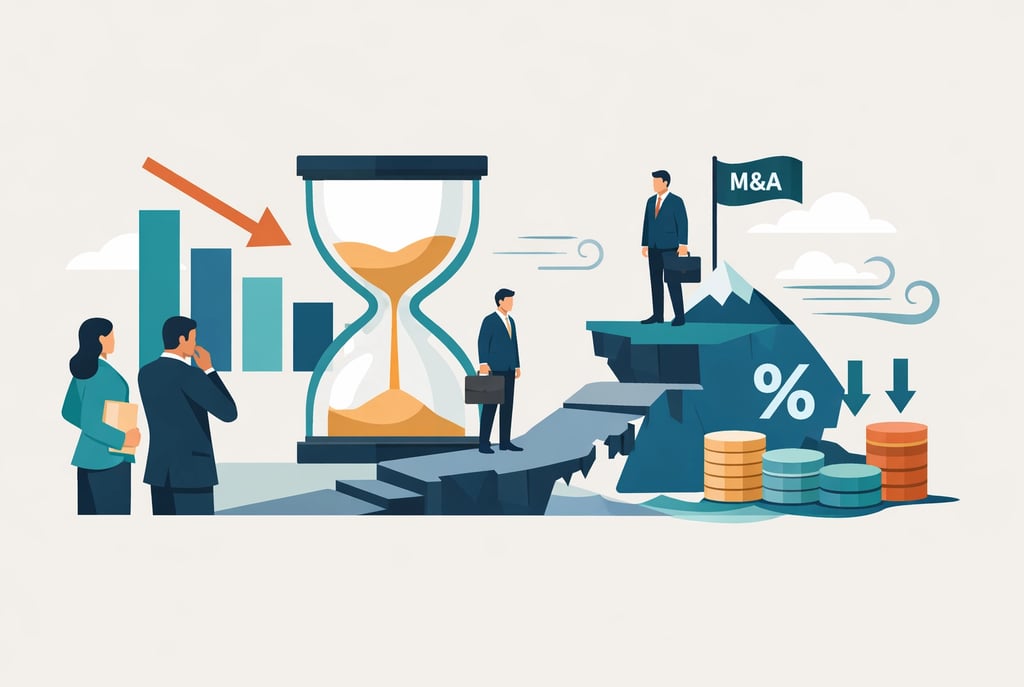 Business owner reviewing financial documents with calculator and laptop, contemplating exit timing a