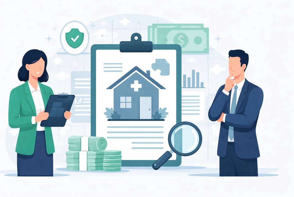 Home health agency owner reviewing sale documents at a desk with laptop and paperwork.