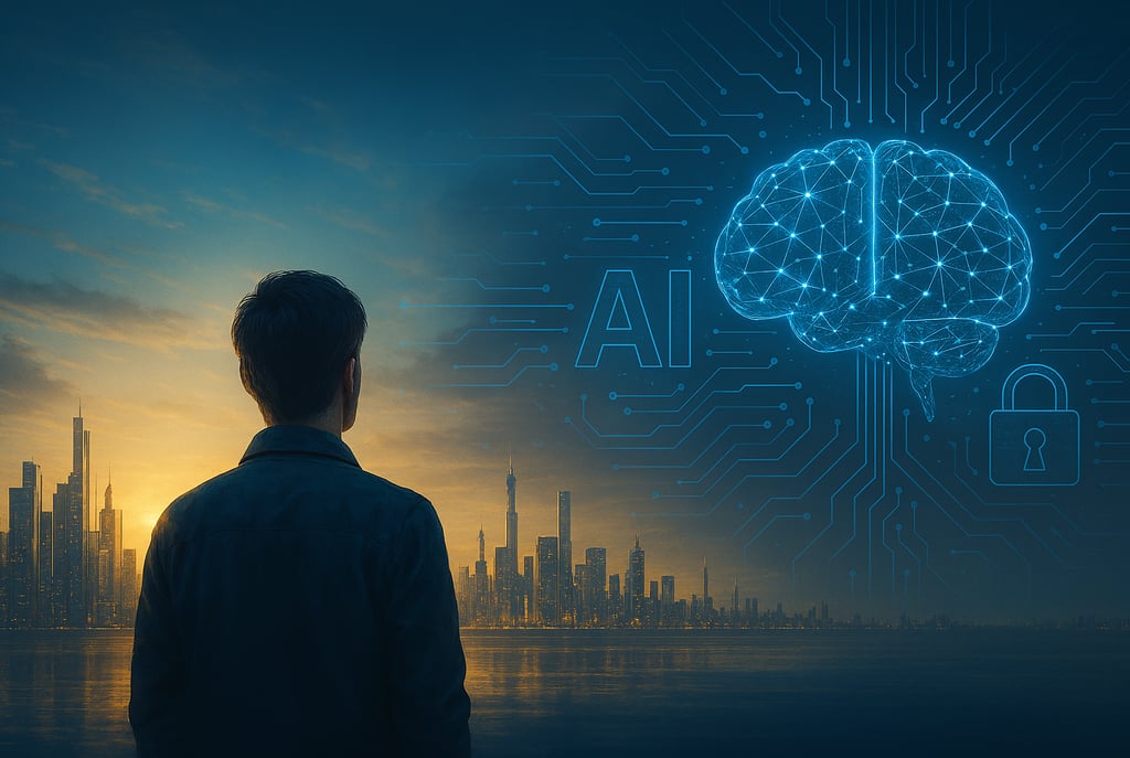 a man standing in front of a cityscape with a brain map of the