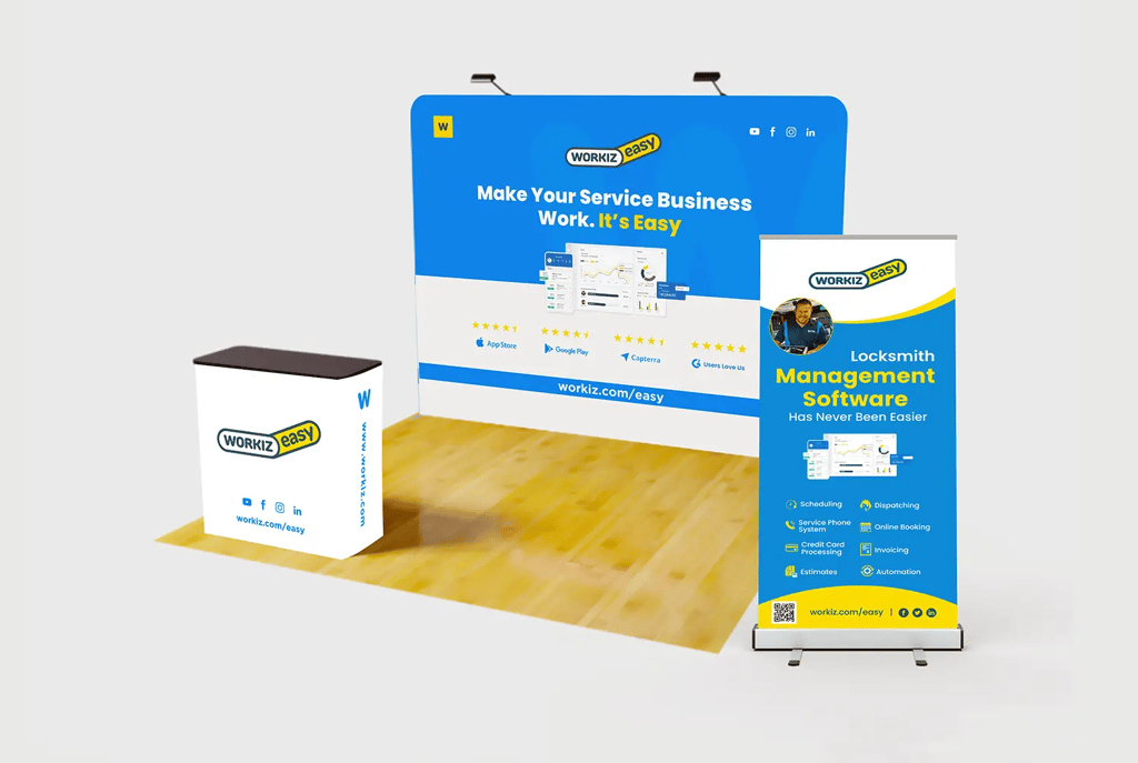 10x10 tradeshow backdrop banner with podium curved banner with roll up banner