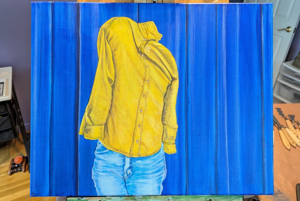 Rag and Bones Theatre acrylic painting of a bright yellow shirt and worn jeans against blue curtain. Collab with G. K. Allum