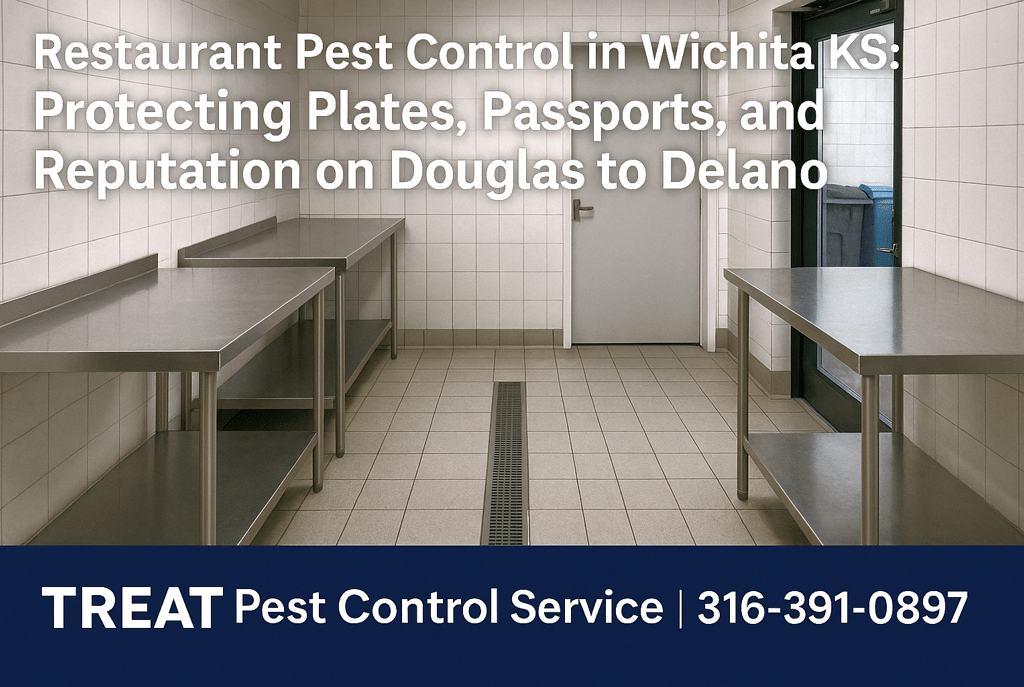 Treat Pest Control Service—Wichita restaurant back-of-house with clean drains, sealed door sweep, and discreet pest control p