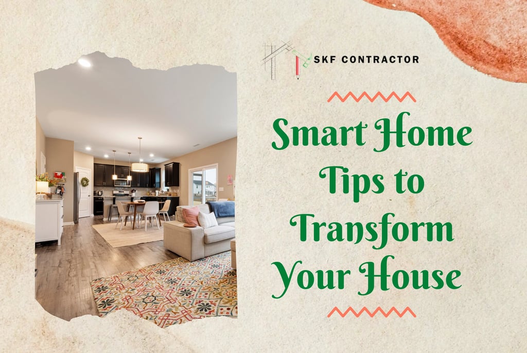 Modern open-concept living room and kitchen featuring smart home tips for house transformation by SKF Contractor.