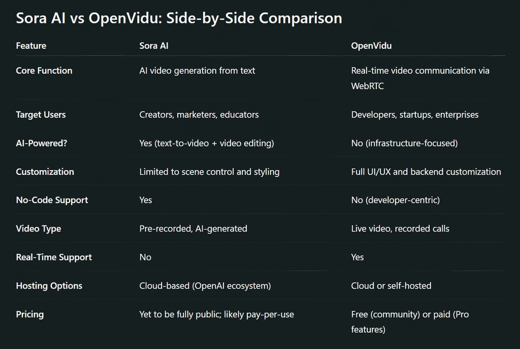 Sora AI vs OpenVidu: Side-by-Side Comparison