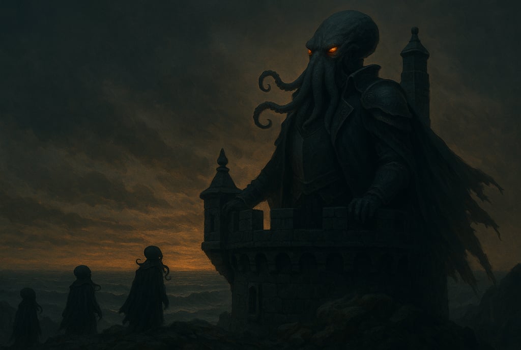 a man in a dark suit and a giant squid