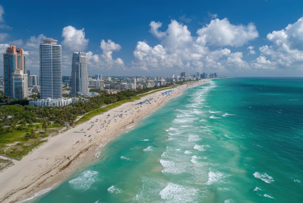 Aerial View of a Sunny Beachfront Cityscape with Azure Waters and White Sand
