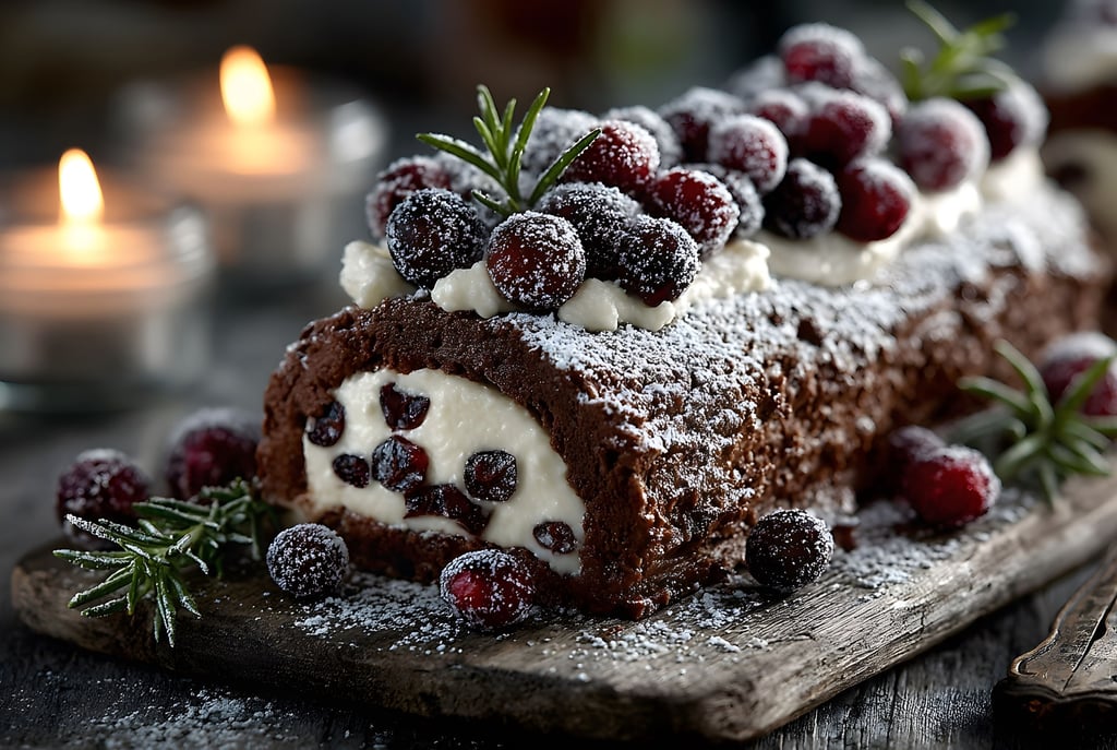Festive Chocolate Yule Log with Cream and Berries for Holiday Celebrations