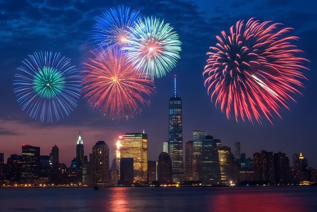 New york city skyline with fireworks 