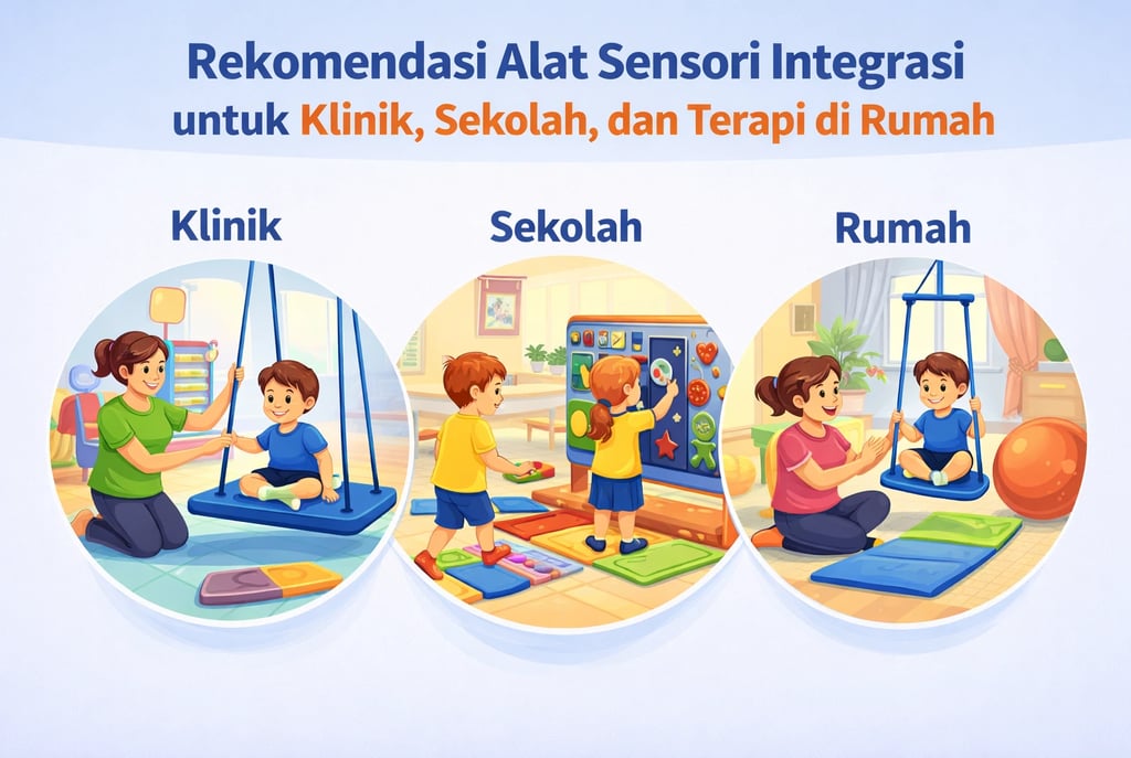 Ilustrasi rekomendasi alat sensori integrasi untuk klinik, sekolah, dan terapi anak di rumah.