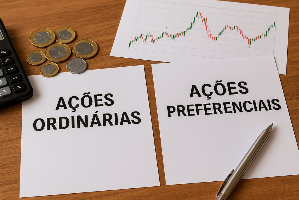 Mesa com documentos escritos ‘Ações Ordinárias’ e ‘Ações Preferenciais’, moedas, calculadora e gráfi