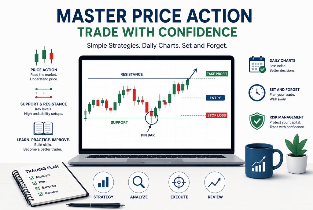 Price action trading course infographic showing candlestick charts on a laptop with support and resistance levels.