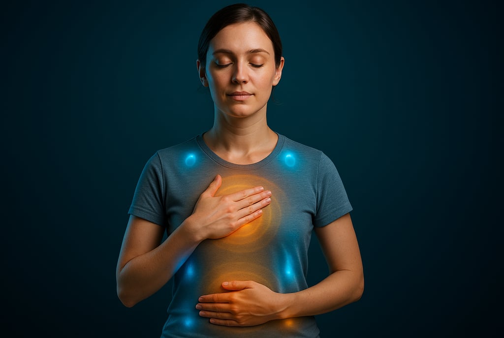 Mulher jovem, olhos fechados, mãos no peito e abdômen, realces sutis de luz onde interocepção