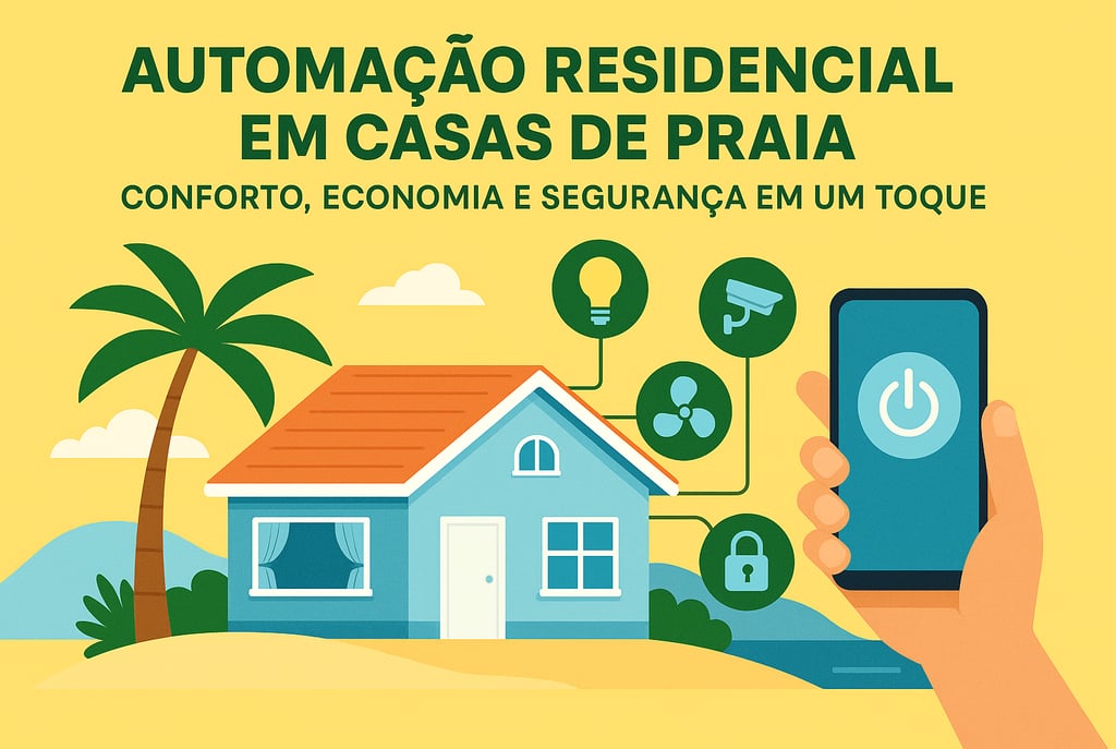 Ilustração digital em estilo flat mostra casa de praia moderna com dispositivos inteligentes conecta
