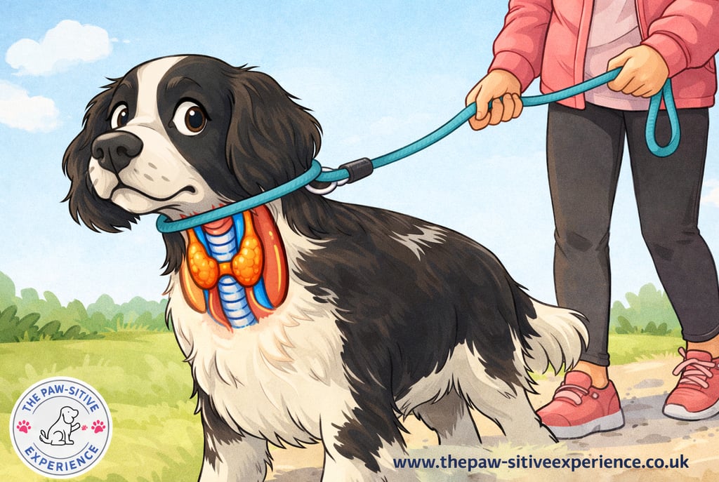 Illustration showing pressure from a slip lead on a dog’s neck, highlighting sensitive structures in the throat area.