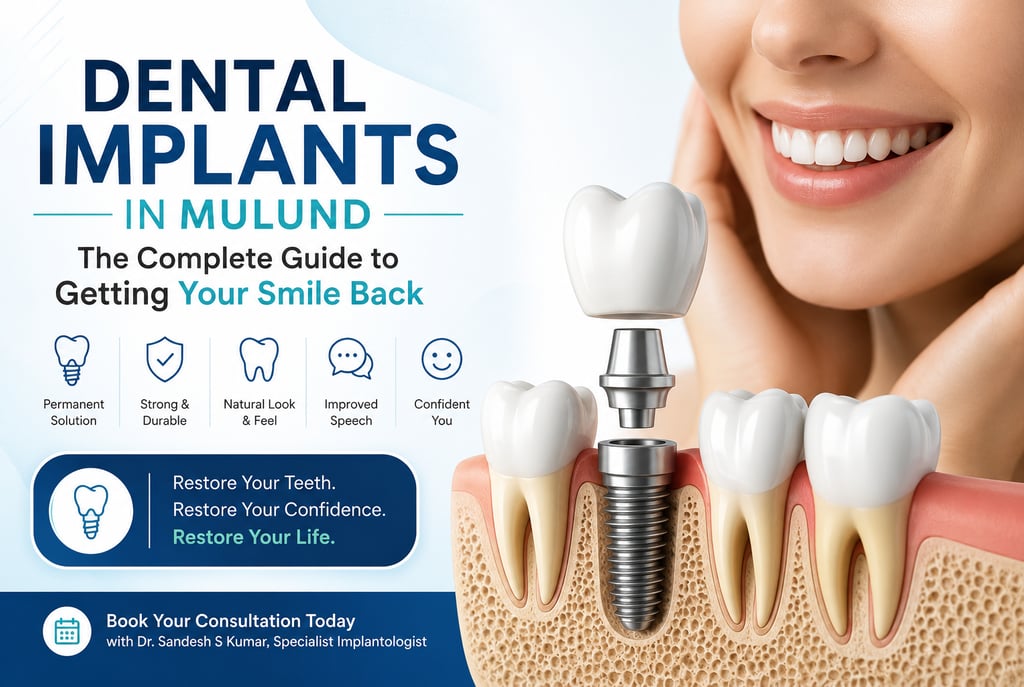 Diagram showing dental implants in Mulund with an anatomical model and a smiling woman.
