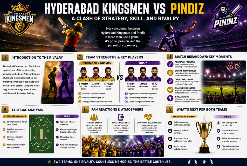 Infographic showing the cricket rivalry between Hyderabad Kingsmen and Pindiz featuring player stats and match analysis.