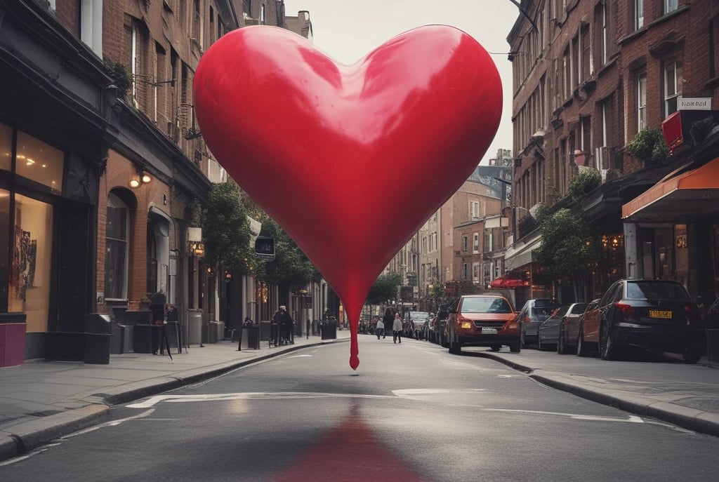 a big love heart floating along a street