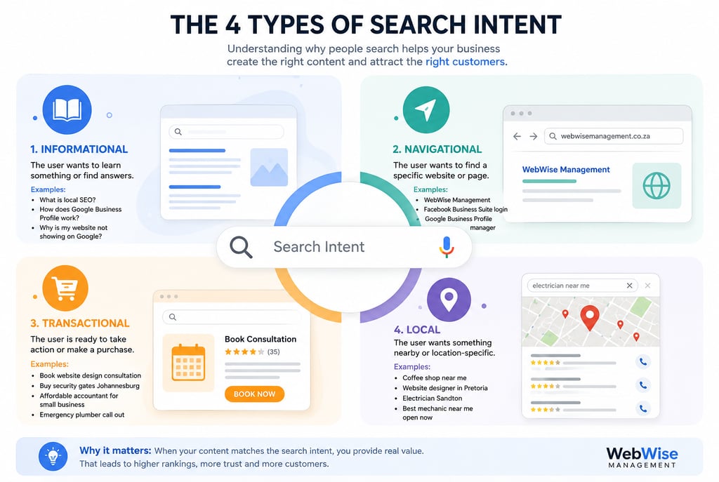 Illustration of the four types of search intent: informational, navigational, transactional and loca