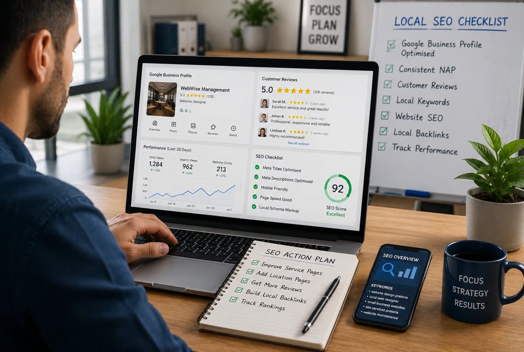 Small business owner reviewing local SEO improvements and Google Business Profile optimisation.
