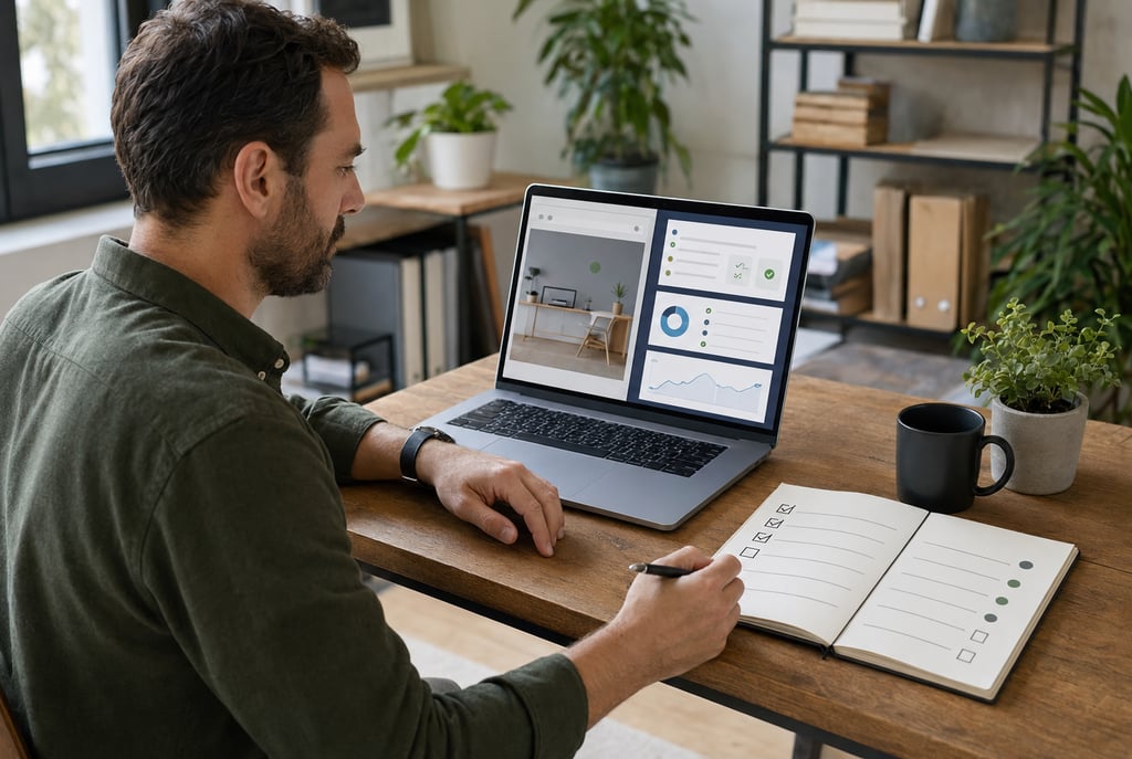 Small business owner reviewing a website-maintenance checklist, backups, updates, security and recov