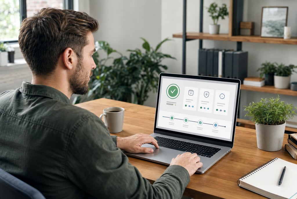 Small business owner reviewing website updates, backups and technical maintenance on a laptop.