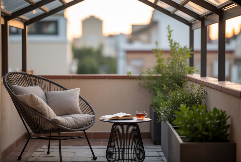 A serene outdoor reading nook on a small balcony with a simple roof structure, a cozy chair.