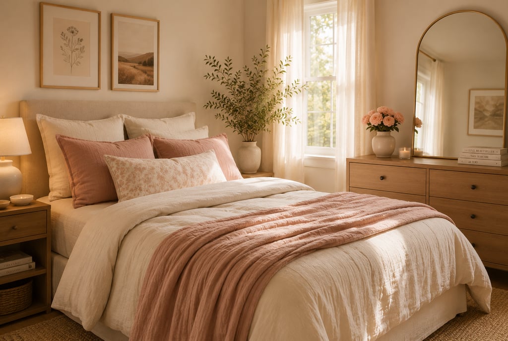 feminine bedroom ideas with ivory and dusty rose palette and natural linen bedding