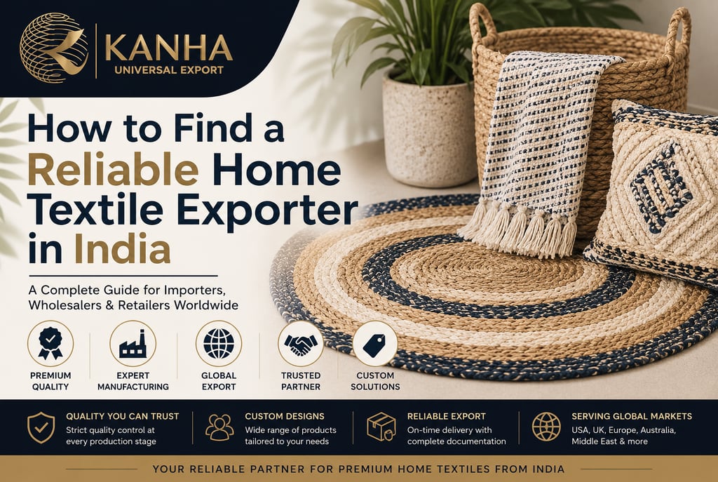 Reliable home textile exporter in India showcasing premium braided rugs, cushions, throws, and home 