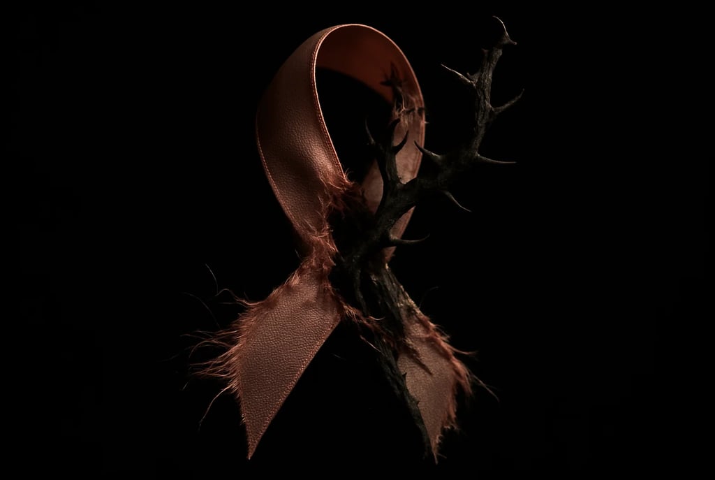 a ribbon tied to a tree branch with a ribbon tied to it