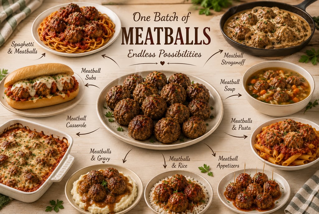A variety of meatball recipes including spaghetti, subs, soup, and casserole arranged around a central plate of meatballs.