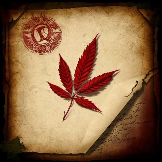 red cannabis leaf on  legal parchment