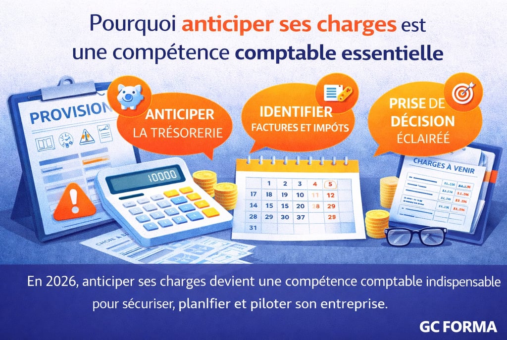 Illustration de l’anticipation des charges comptables : trésorerie, charges à venir, calendrier des 