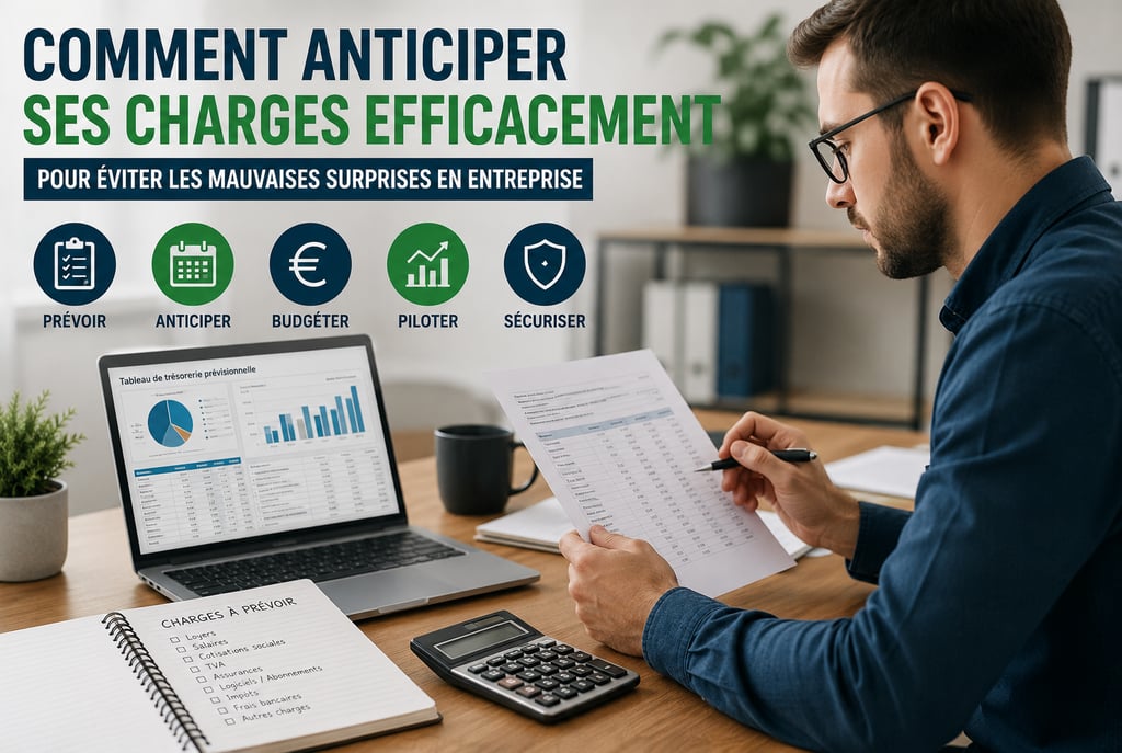 Entrepreneur analysant les charges et la trésorerie de son entreprise sur un tableau financier.