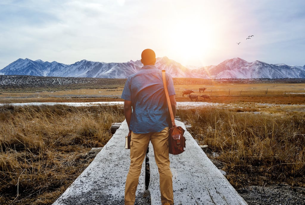 a man standing on a wooden bridge over looking at the mountains