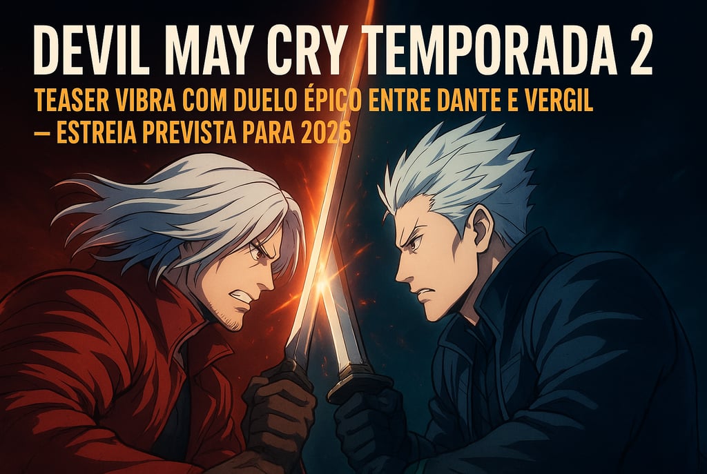 Arte promocional de Devil May Cry Temporada 2 na Netflix mostrando Dante e Vergil em um duelo épico