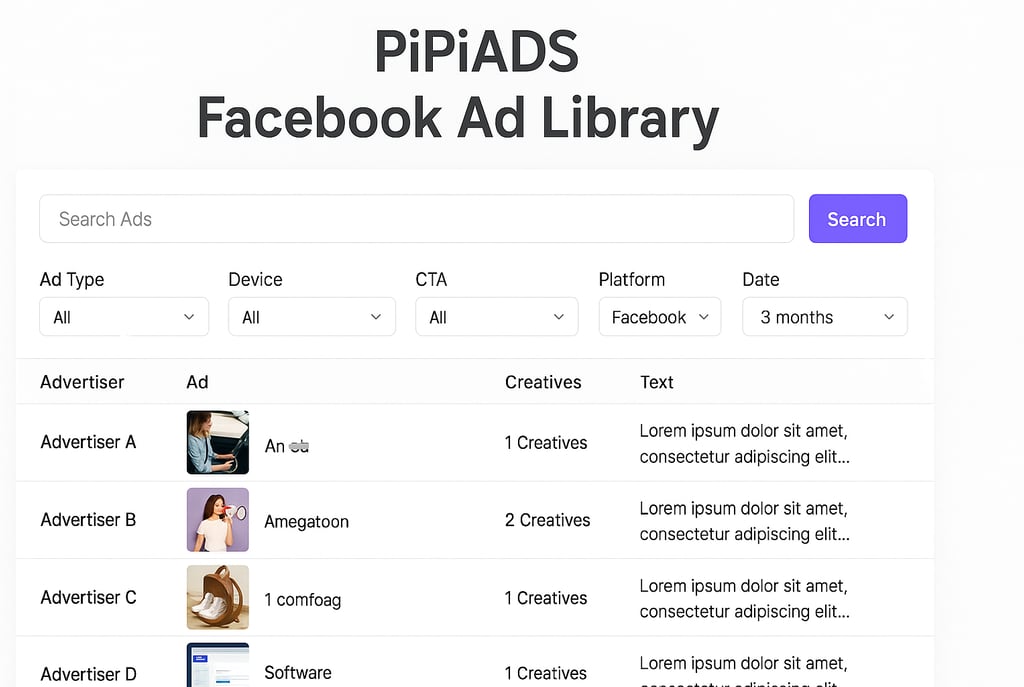 A screenshot of the PiPiADS Facebook Ad Library interface.