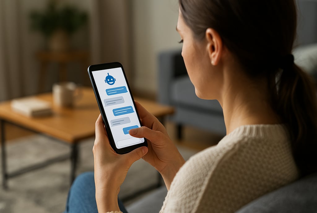 Mulher segurando um smartphone em uma sala de estar aconchegante, interagindo com um chatbot de inte