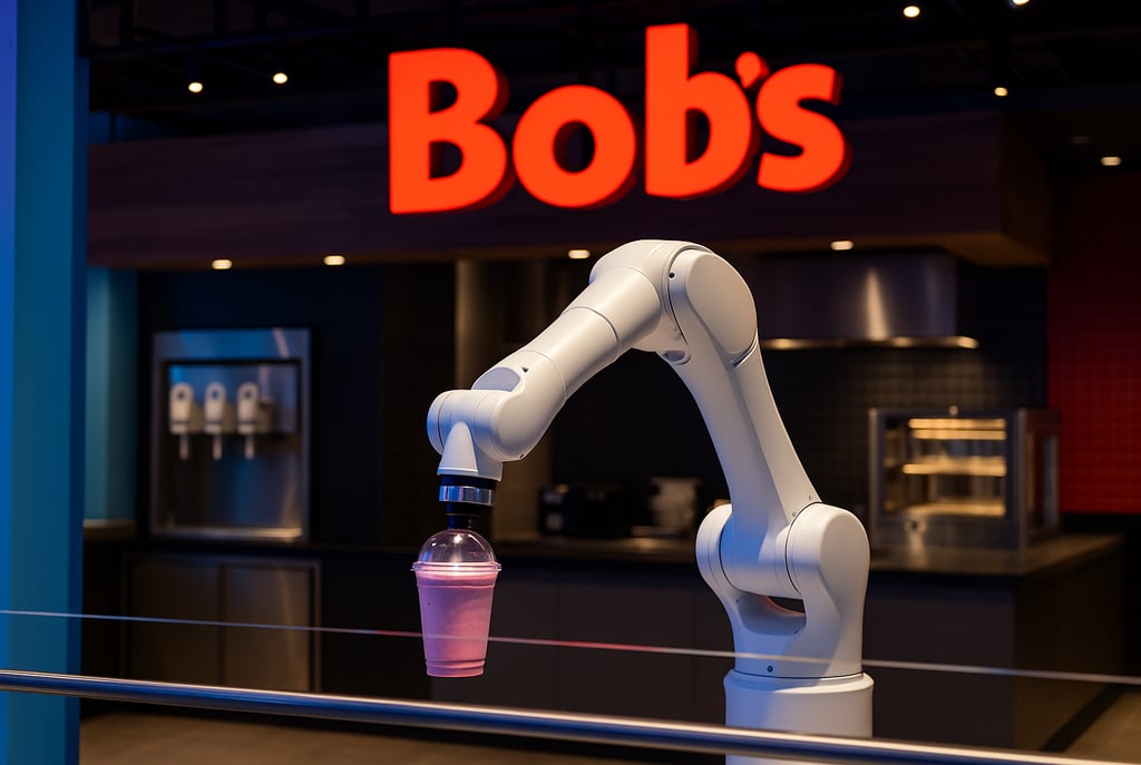 Braço robótico prepara milkshake rosa em copo plástico transparente dentro de uma moderna loja do Bo