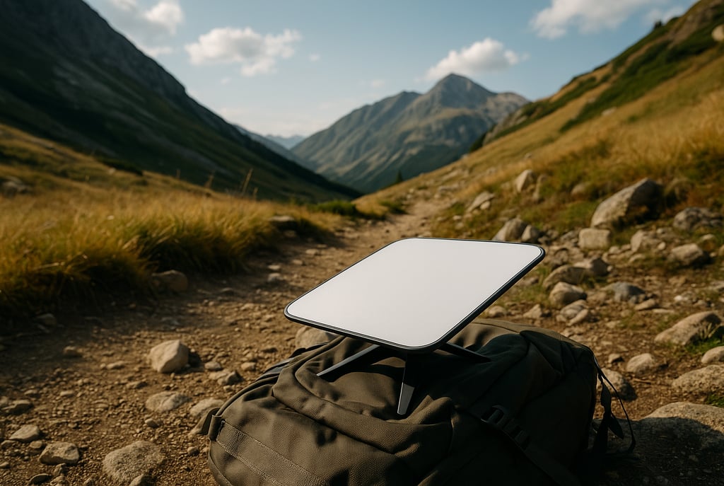 Antena Starlink Mini posicionada sobre uma mochila em uma trilha de montanha, cercada por pedras e v