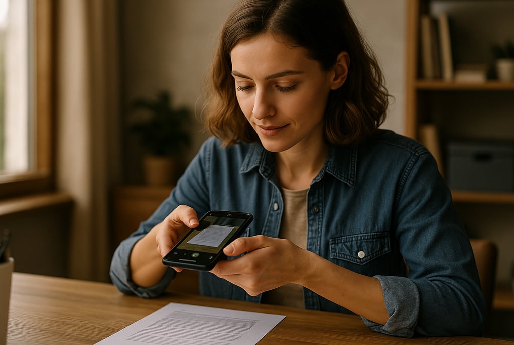 Mulher jovem usando o smartphone para escanear um documento em uma mesa de madeira, com expressão co