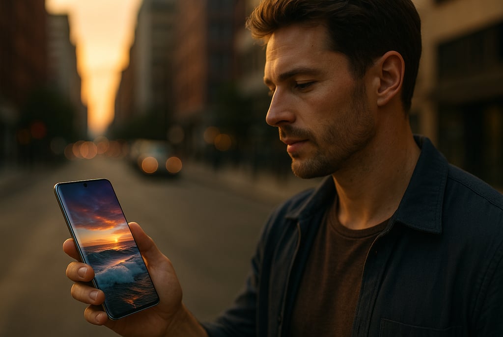 Homem jovem segurando um smartphone Galaxy S25 Edge em uma rua urbana ao entardecer. A tela do celul