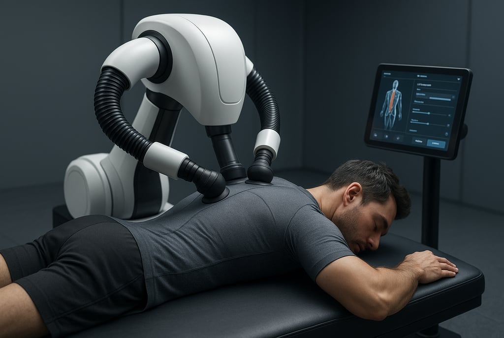  Robô massagista futurista aplica massagem nas costas de um homem deitado em maca, em uma sala moder