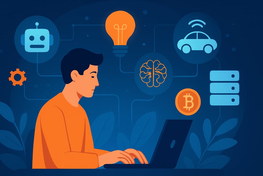Ilustração digital em estilo flat mostrando um jovem usando um laptop, com ícones tecnológicos flutu