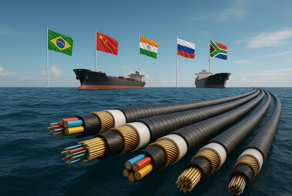 Cabos submarinos de comunicação com camadas de fibra óptica coloridas e proteção metálica emergem do