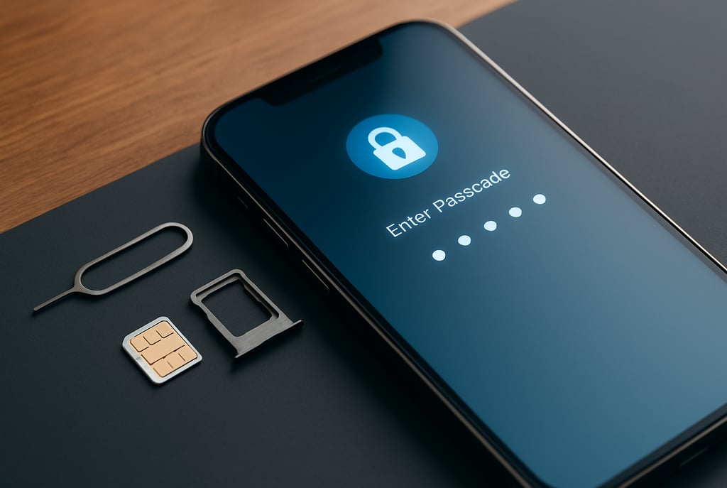 Imagem realista de um smartphone com tela de bloqueio e solicitação de senha, ao lado de um chip SIM
