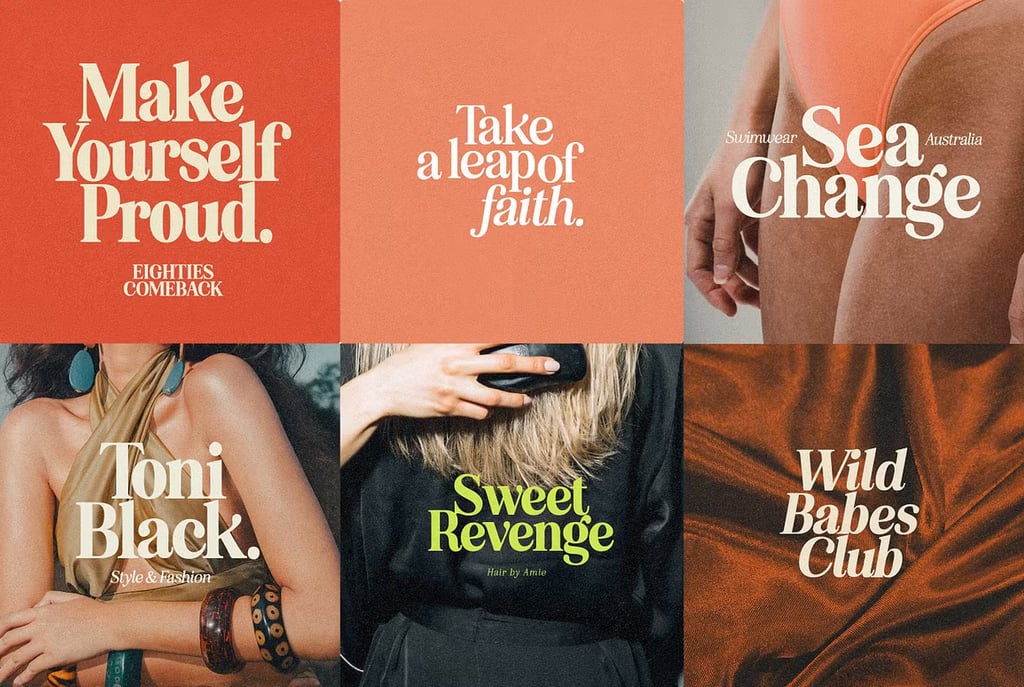 Collage of six bold, fashion‑themed designs with stylish typography and lifestyle imagery.
