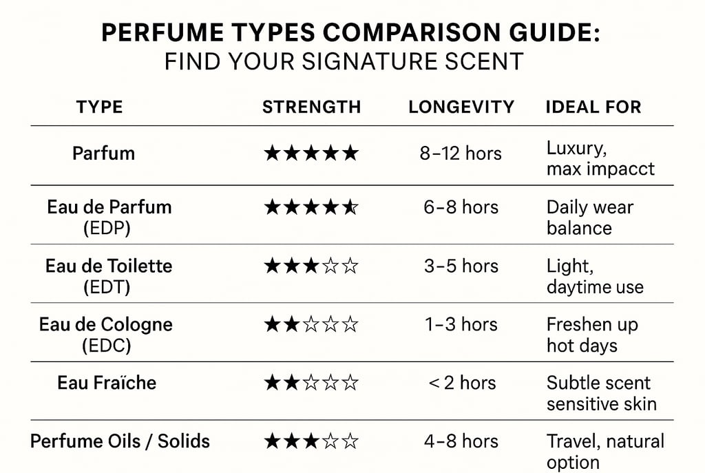 Perfume Types Comparison Guide showing differences of perfume types by strength, longevity, and ideal for