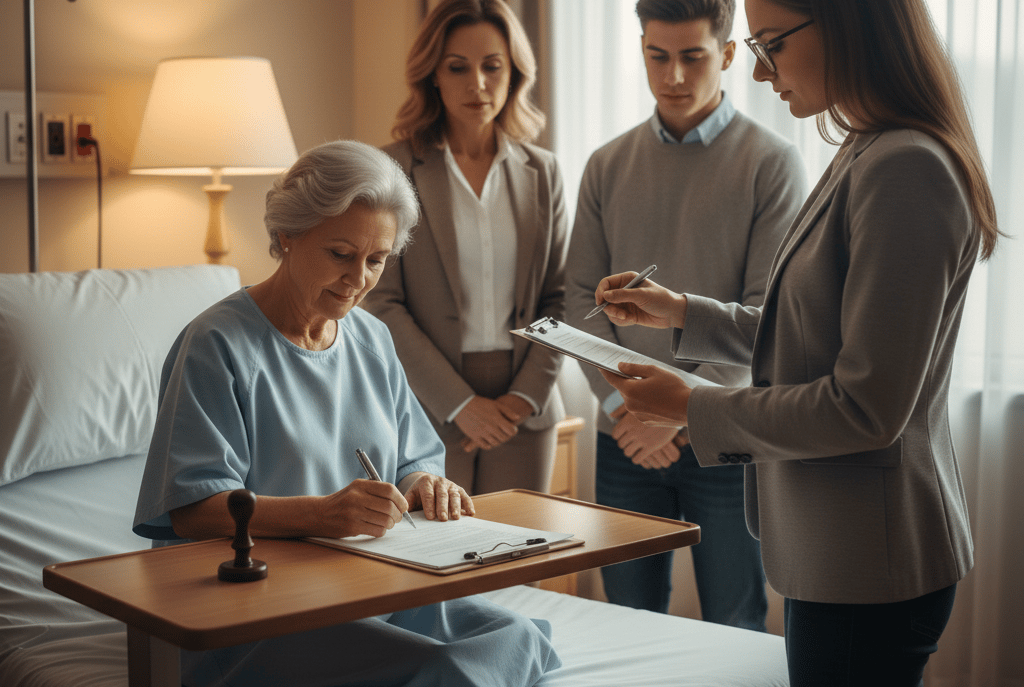 Notary verifying patient identity while witnessing document signing inside Lahey Hospital room