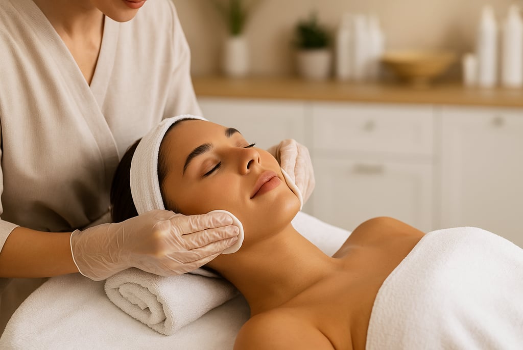 Mulher deitada em maca de estética recebendo tratamento facial, com profissional aplicando produto com pincel em ambiente sof